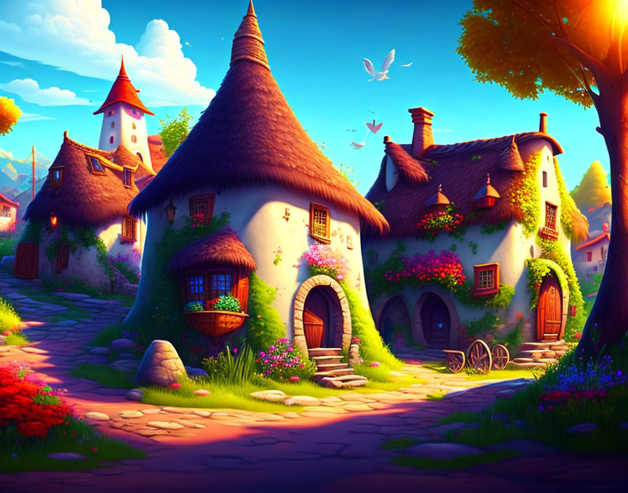 Whimsical fantasy village with thatched-roof cottages & colorful gardens