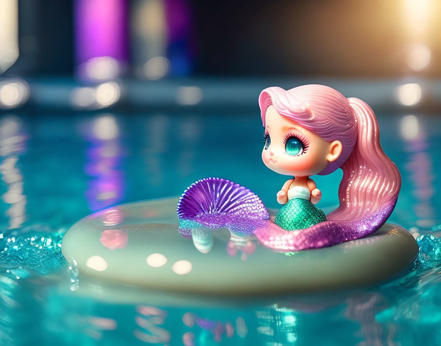 Pink-haired toy mermaid on green tail in blue pool with floating shell