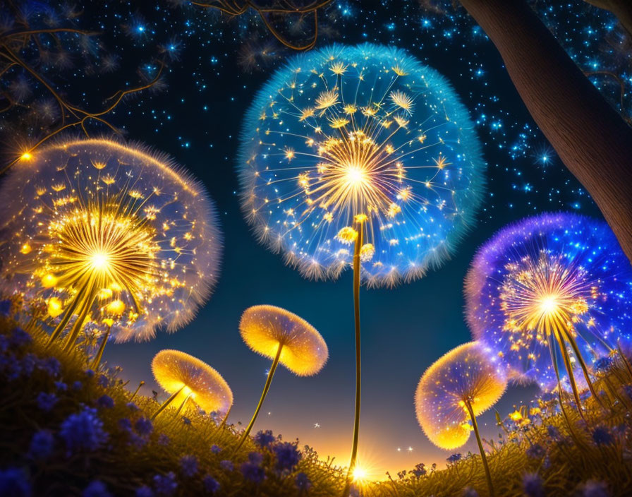 Starry night sky with glowing dandelions and warm horizon glow