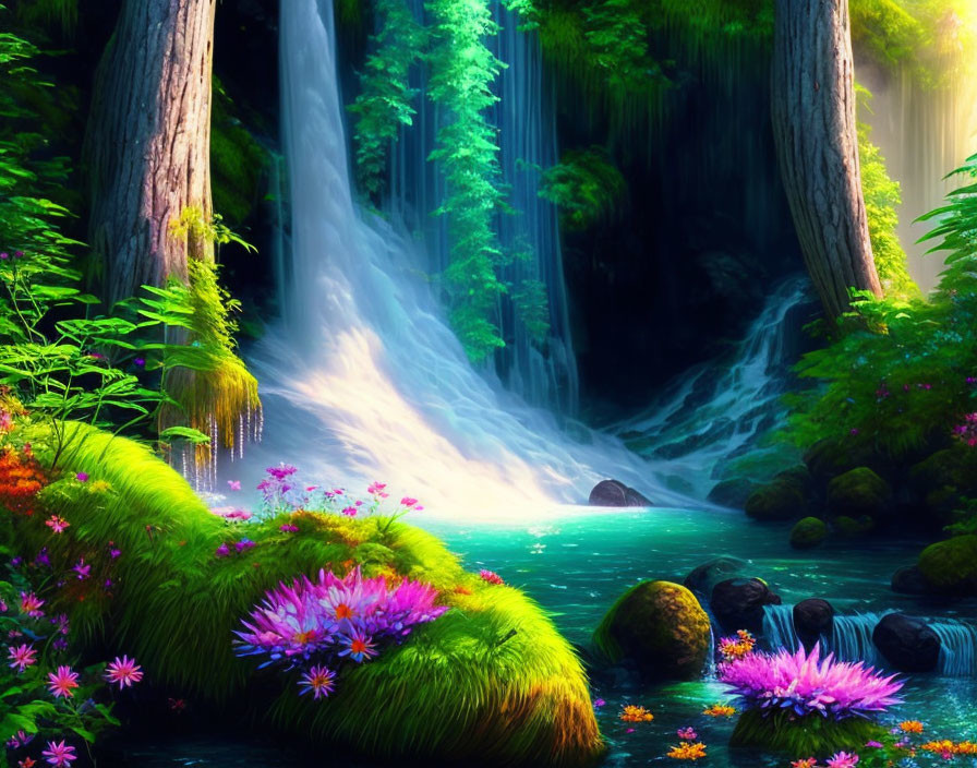 Lush waterfall scene with vibrant colors and ethereal light