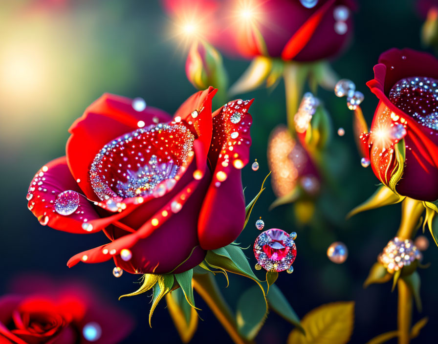 Bright red roses with dewdrops and twinkling lights on dark background