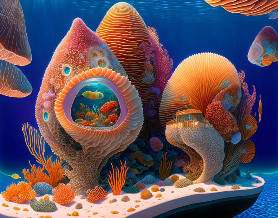 Colorful Underwater Scene with Coral Mushrooms and Diverse Marine Life