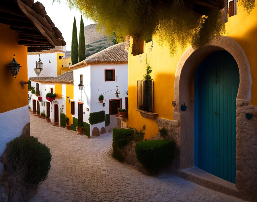 Traditional white houses with yellow walls, blue door, greenery - Mediterranean street scene