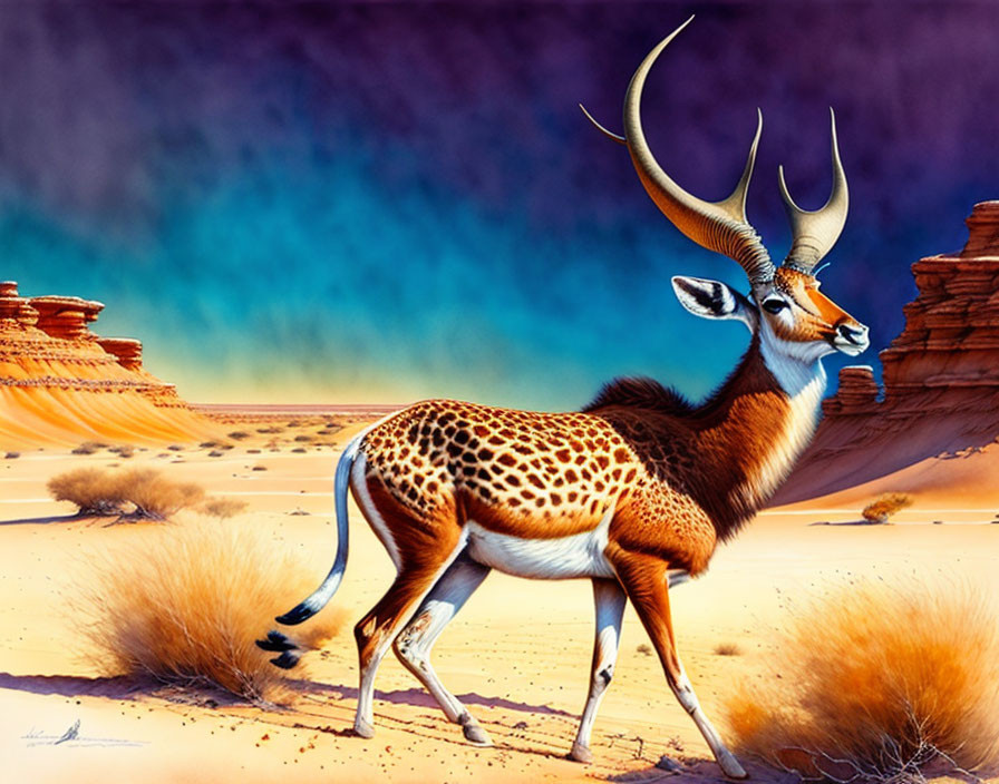Majestic antelope with long curved horns in desert landscape