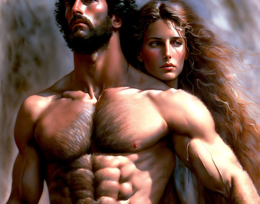 Muscular man embracing woman with long, wavy hair in soft-lit painting