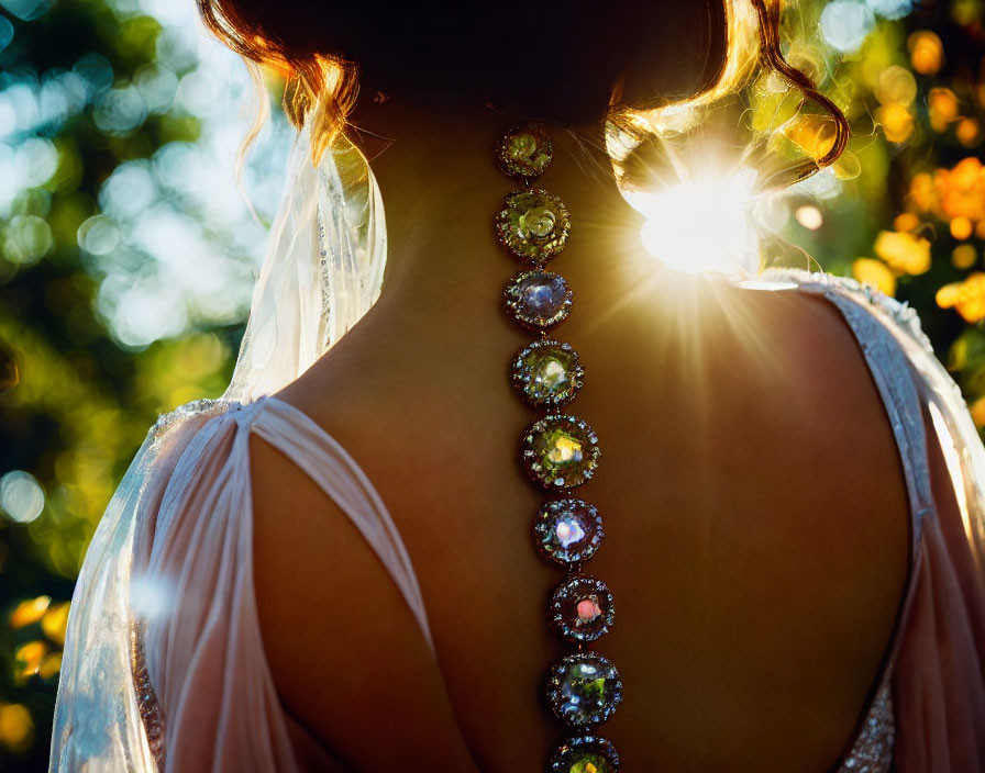 Woman in Sunlit Dress with Gemstone Back Necklace