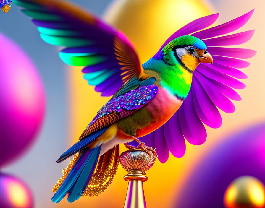 Colorful Fantastical Bird Perched on Pedestal with Rainbow Feathers