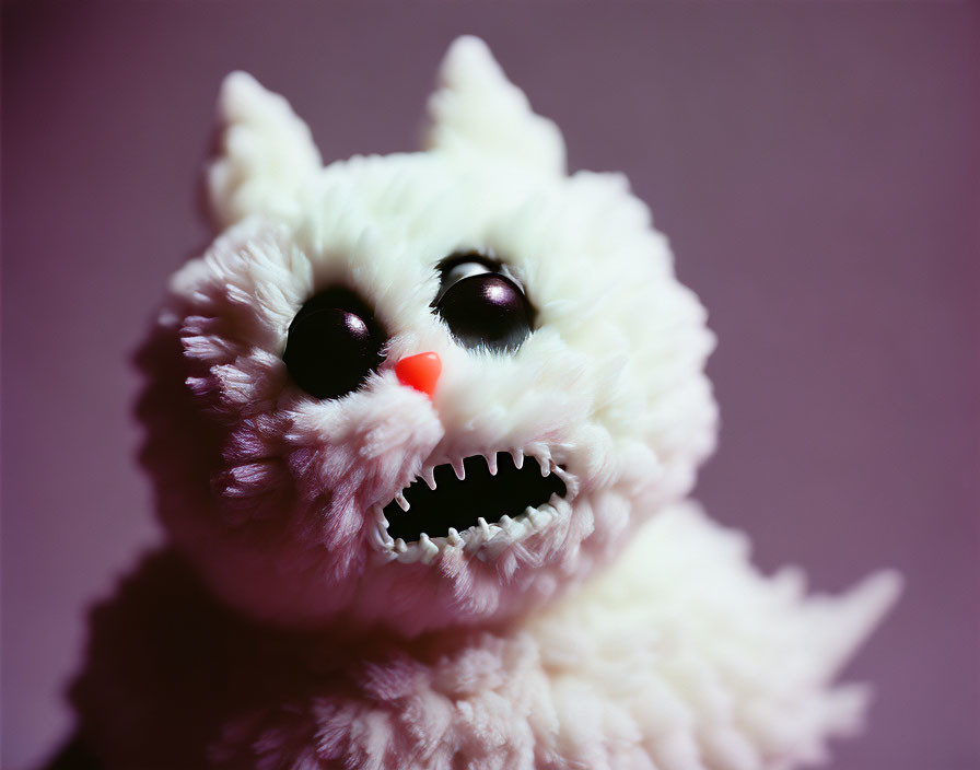 Fluffy white toy with black eyes, red nose on purple background