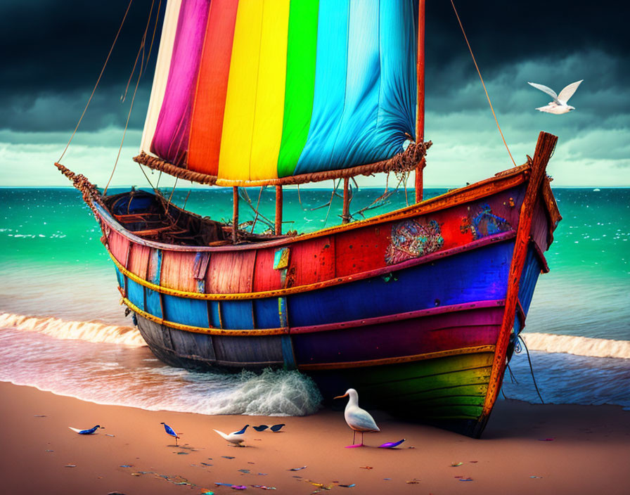 Colorful sailboat with rainbow sail on sandy shore under dramatic sky