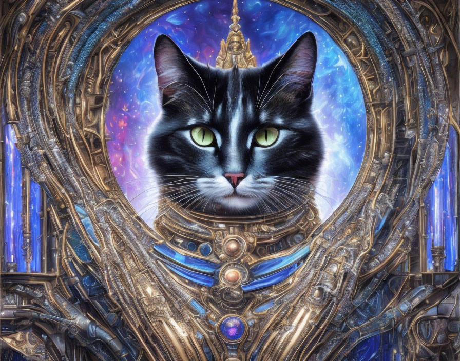 Black and white cat with green eyes in sci-fi setting with metallic structures.