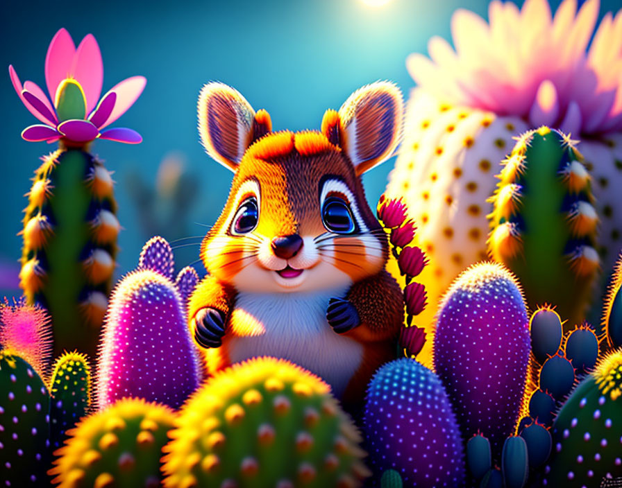 Vibrant chipmunk surrounded by cacti and flowers in warm light