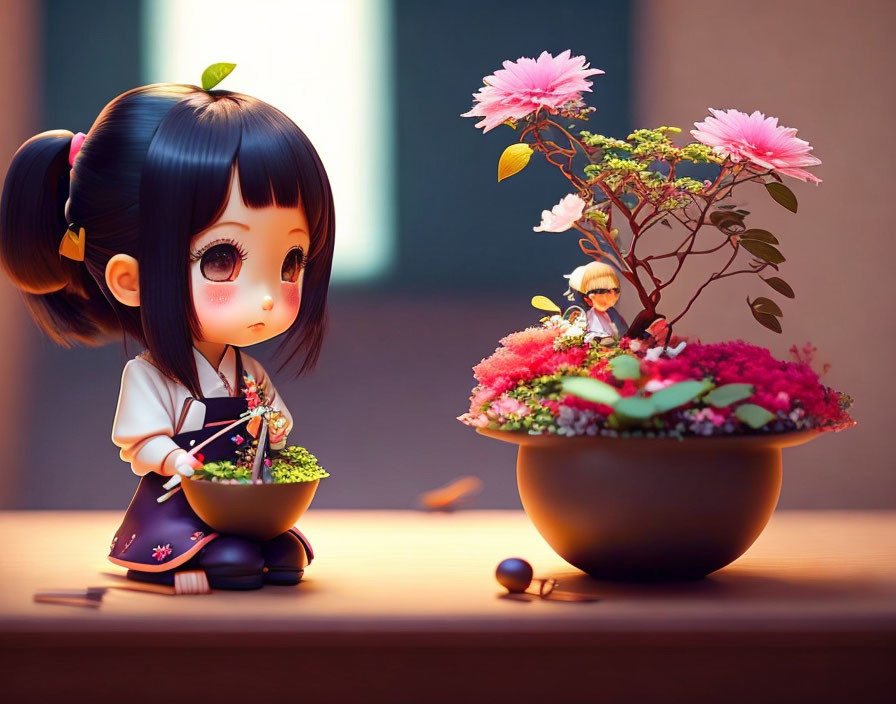 Animated girl with large eyes pruning vibrant bonsai tree with pink blossoms
