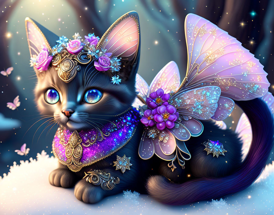 Blue cat with fairy wings and floral crown in twilight setting