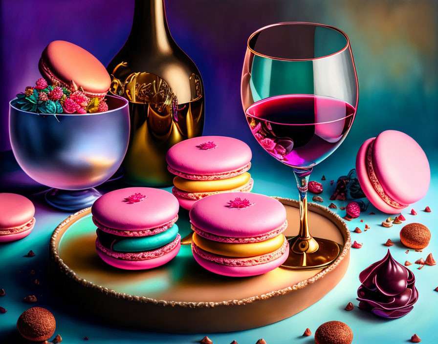 Colorful Still Life with Macarons, Wine, and Chocolate Pieces