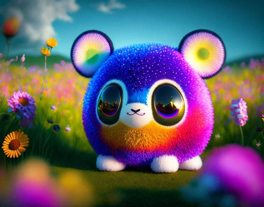 Colorful Fluffy Creature in Vibrant Flower Field