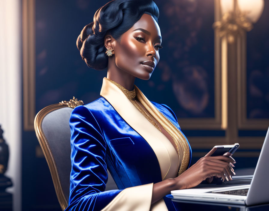 Sophisticated woman in blue outfit with smartphone and laptop sitting in luxurious chair