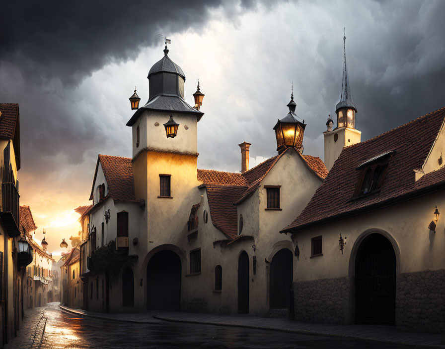 Old European Town: Cobbled Street & Traditional Buildings under Dramatic Sky