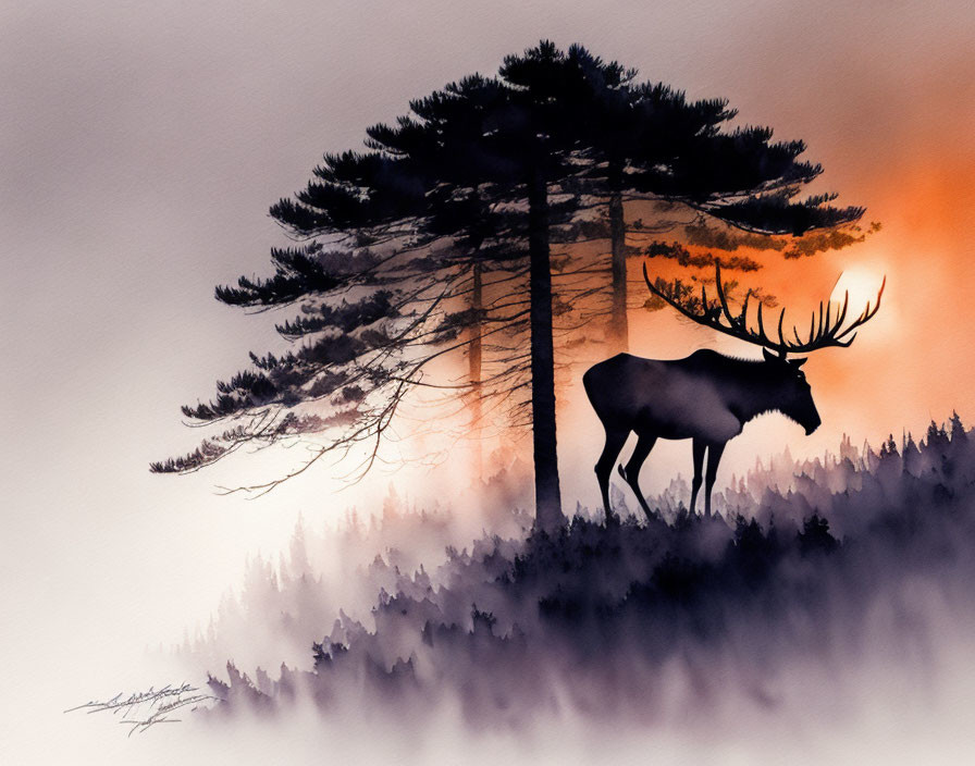 Stag Silhouetted Against Dramatic Sunset and Pines