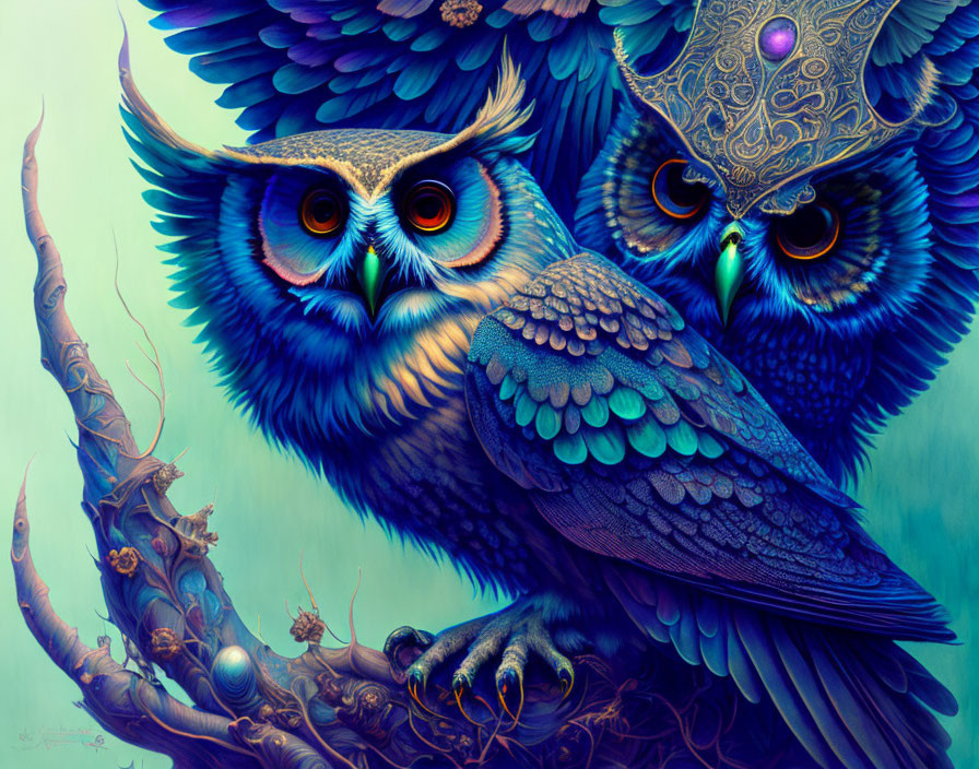 Colorful digital artwork featuring two owls with detailed feathers and gemstone-like eyes perched on a