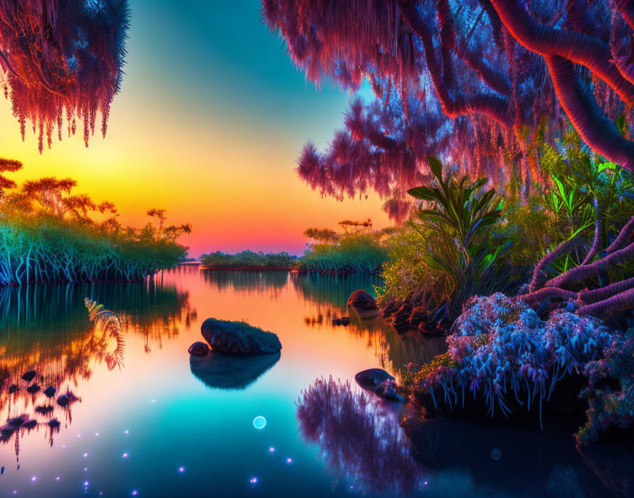 Surreal landscape with neon colors, serene river, glowing flora, and sunset sky