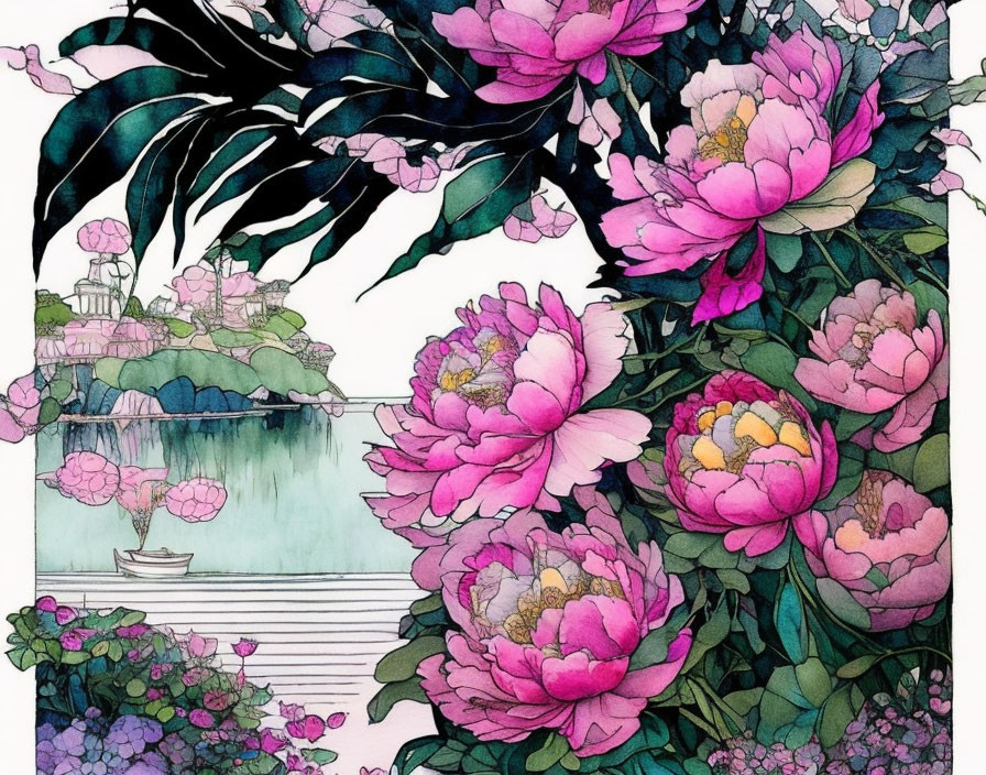 Vibrant pink peonies with tranquil pond and lush foliage.