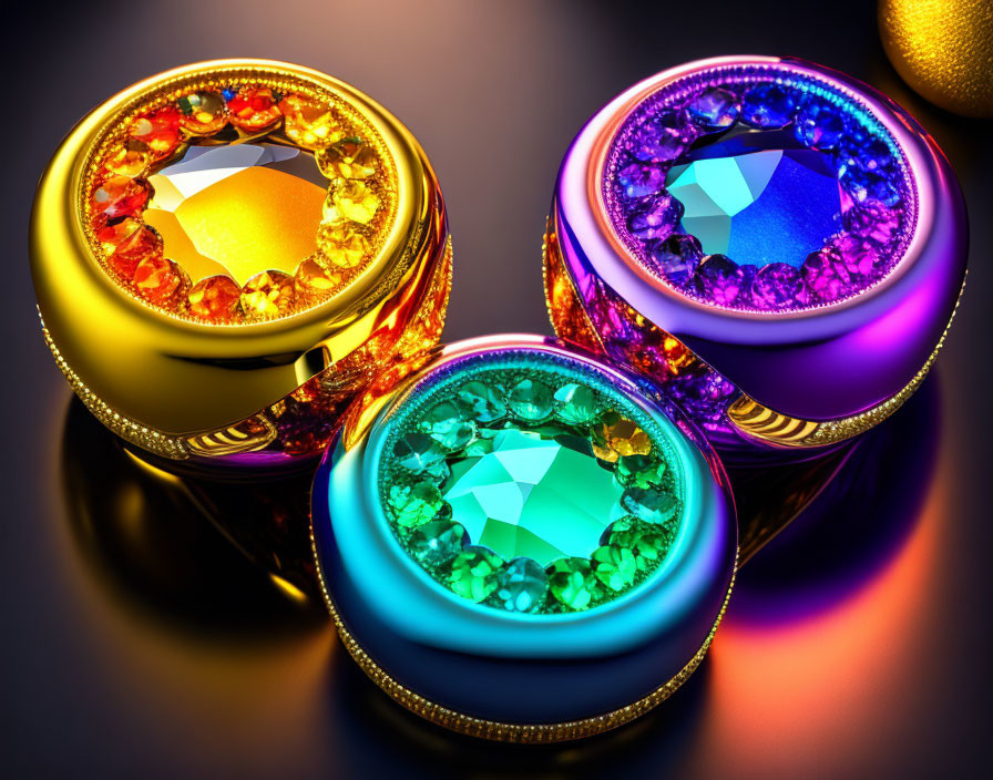 Colorful Gemstones in Ornate Metallic Rings on Dark Background