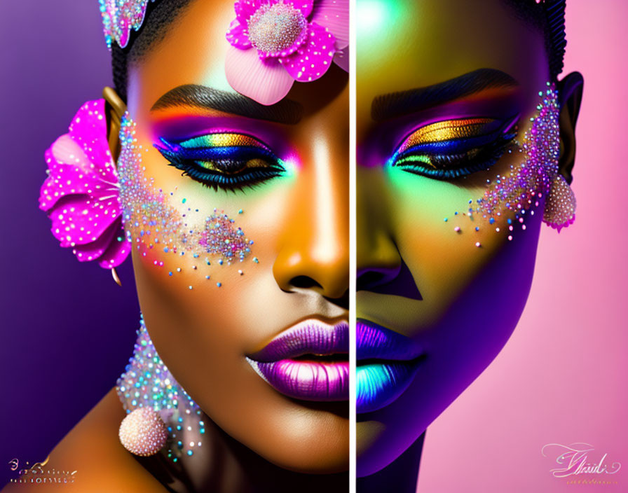 Colorful artistic makeup with bright eye shadow, glitter, and floral decorations on a model under vibrant lighting