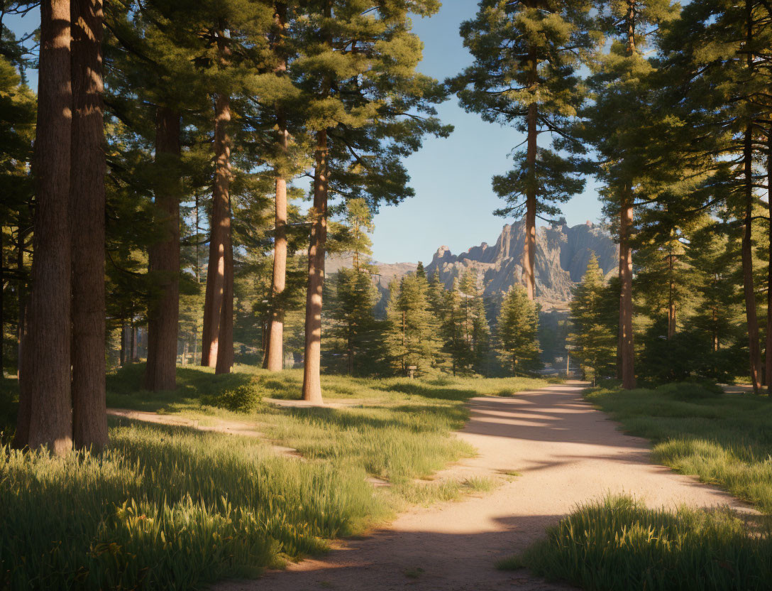 Tranquil forest path among tall pines and mountain peaks