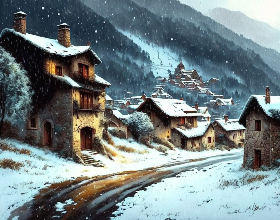 Snow-covered village with stone houses and winding road in serene mountainous backdrop