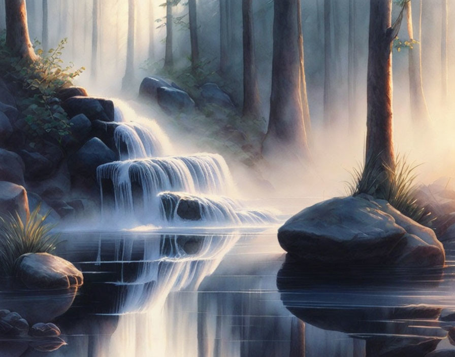 Tranquil forest landscape with waterfall, pond, and misty trees