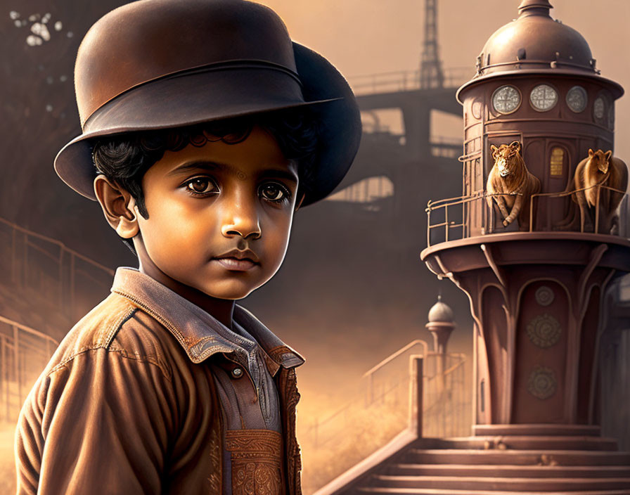 Young child in bowler hat and leather jacket in steampunk setting
