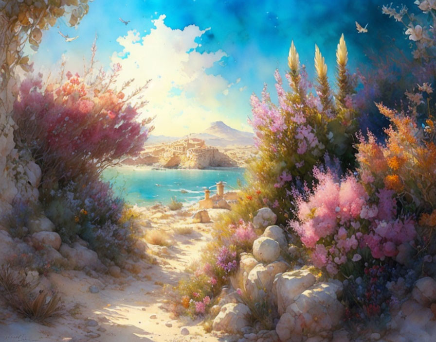 Tranquil landscape with sandy path, blue sea, vibrant flowers, and sunny sky