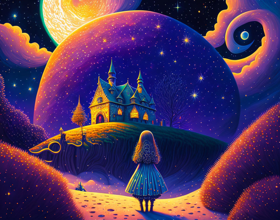 Girl gazes at castle under starry sky with moon and vibrant colors