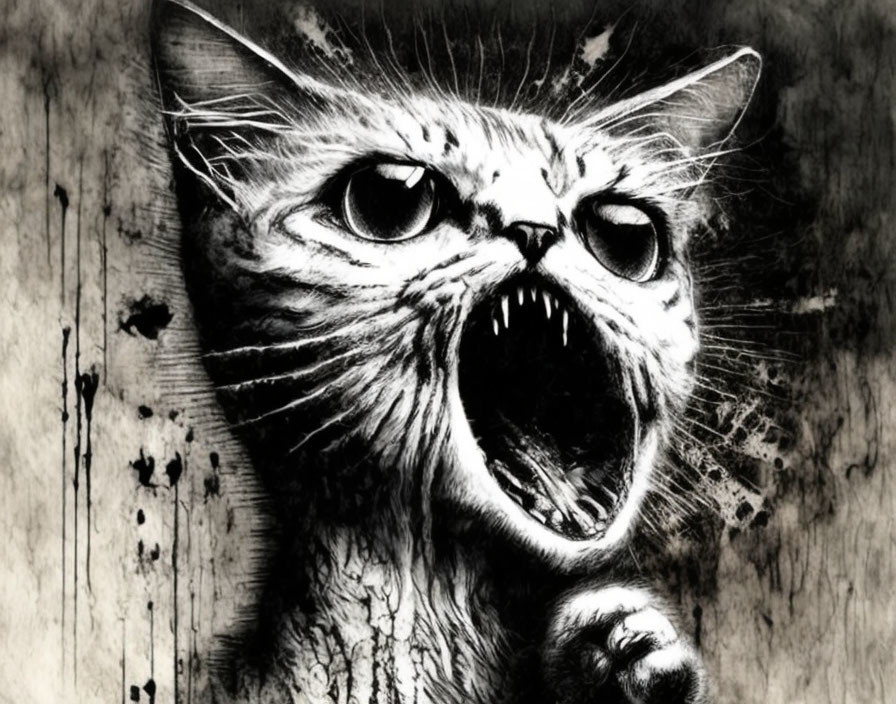 Monochrome illustration of fierce cat with raised paw on textured background