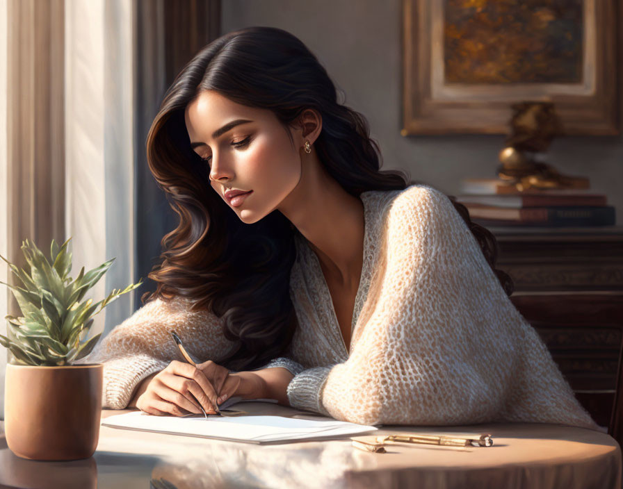 Dark-haired woman writing at sunlit table with books and painting in background