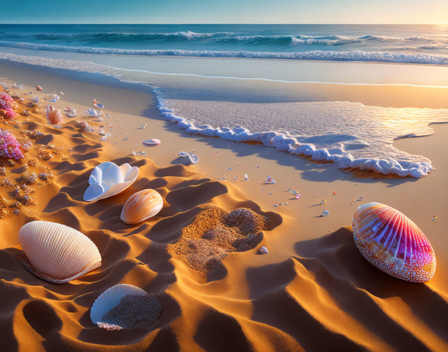 Tranquil Beach Sunset with Colorful Seashells and Gentle Waves