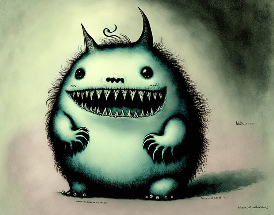 Fluffy monster with big eyes, horns, and sharp teeth in green tones