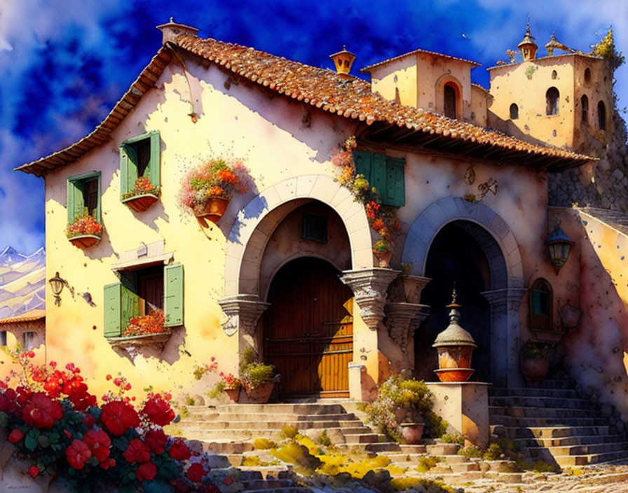 Colorful Mediterranean Villa Painting with Flower-Adorned Balconies