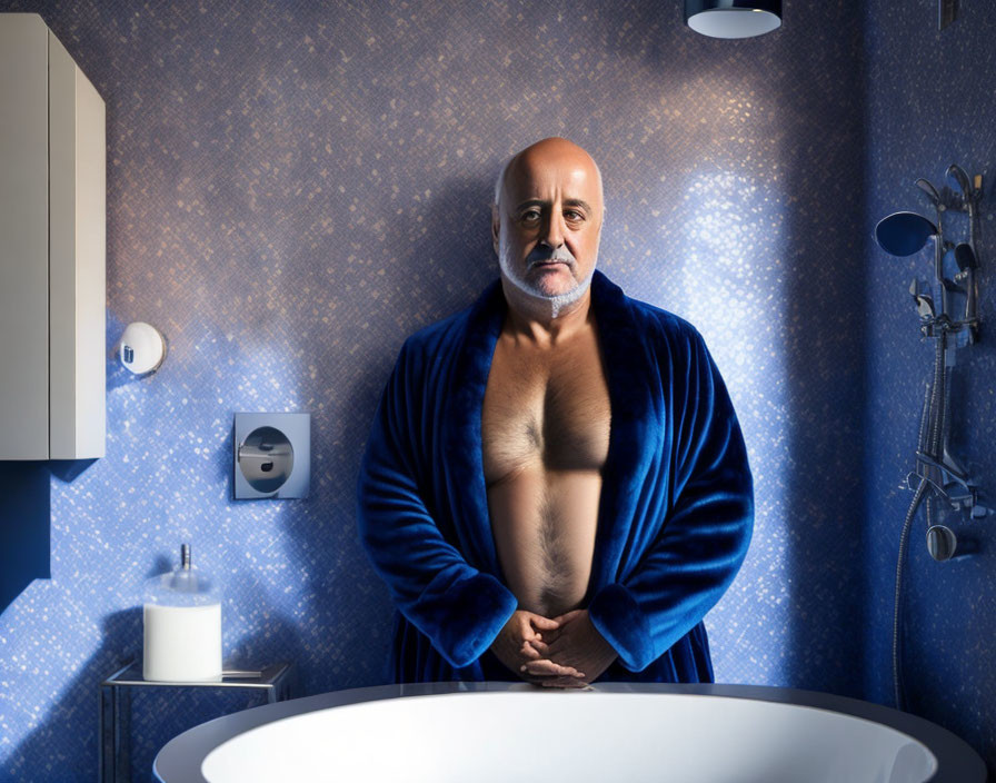 Man in Blue Robe Standing in Bathroom with Star-Patterned Wallpaper