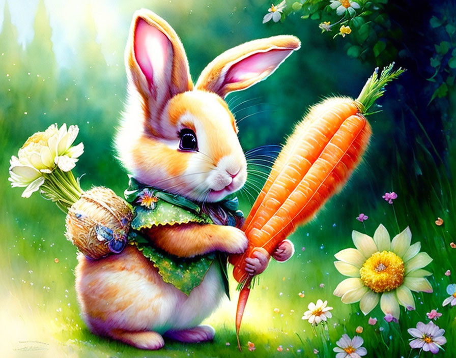 Illustration of bunny with carrot in green vest among flowers