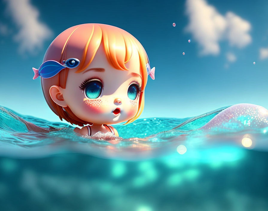 Stylized animated character with orange hair and fish clip in clear blue water