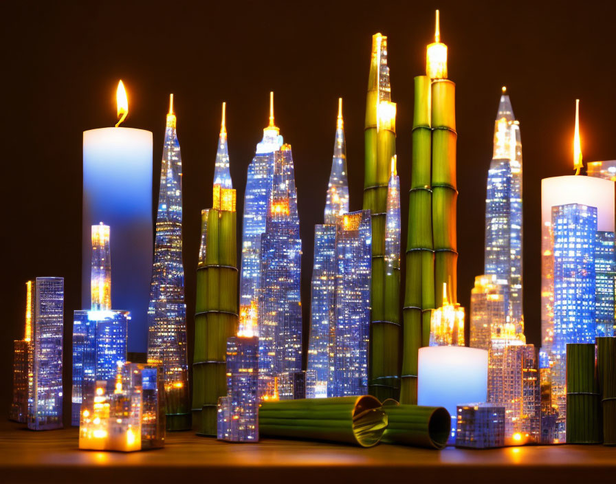 Bamboo and candles form city skyline at night