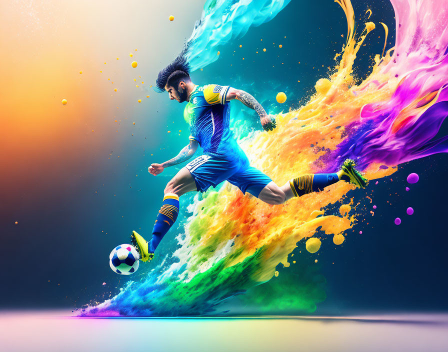 Soccer player in blue kicking ball amid colorful paint splash