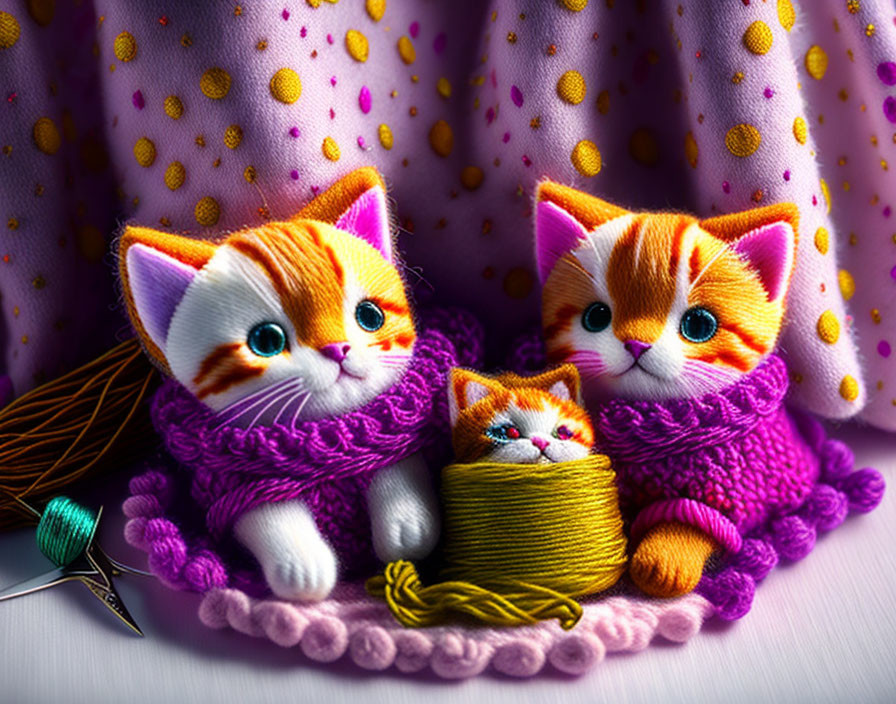 Three plush kittens with purple yarn and colorful skein, next to polka-dot fabric