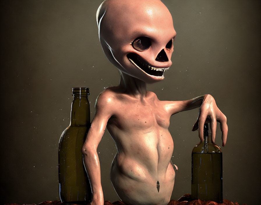 3D-rendered humanoid creature with oversized head and smile between brown bottles