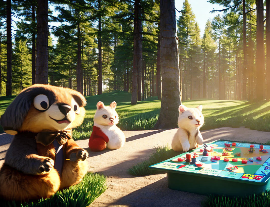 Animated chipmunks playing board game in sunny forest clearing