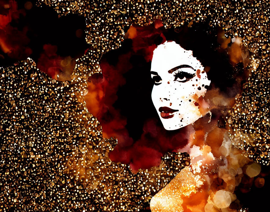 Golden Glitter Woman Silhouette with Red and Brown Splashes