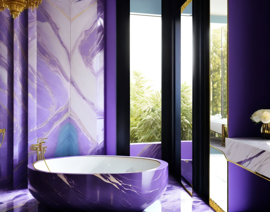 Luxurious Bathroom with Purple Marble Walls and Gold Accents