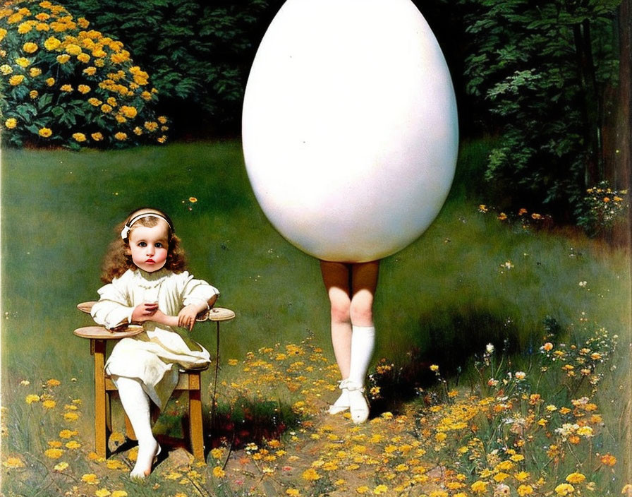 Young girl beside giant egg with human legs in flower-filled garden