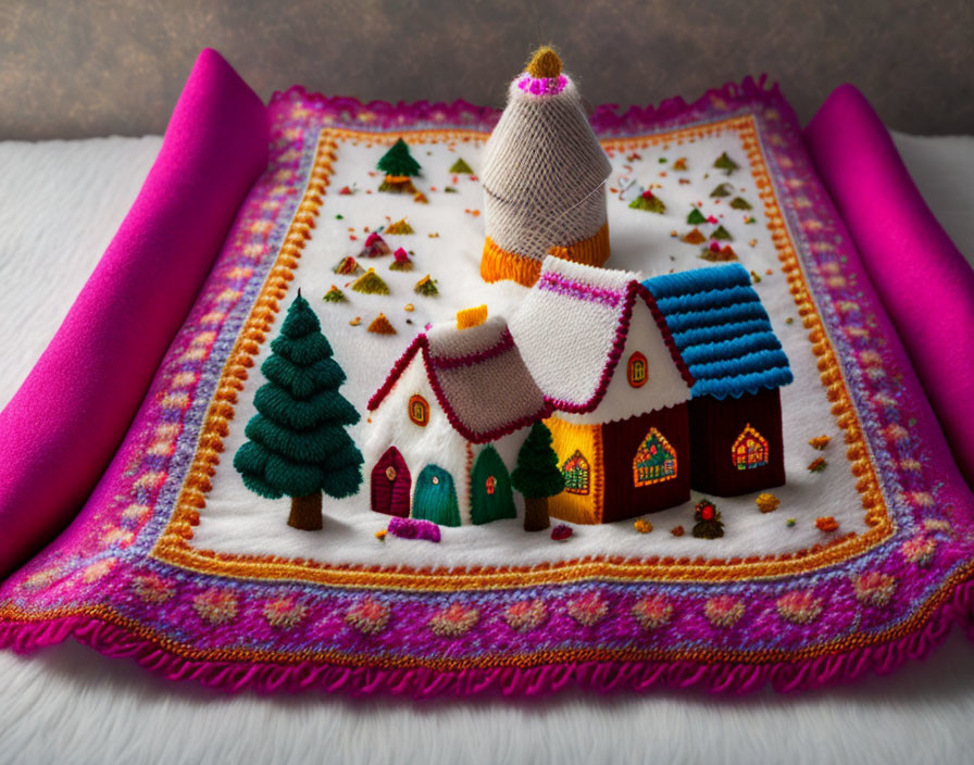 Handcrafted Winter Scene Textile with Embroidered House and Trees